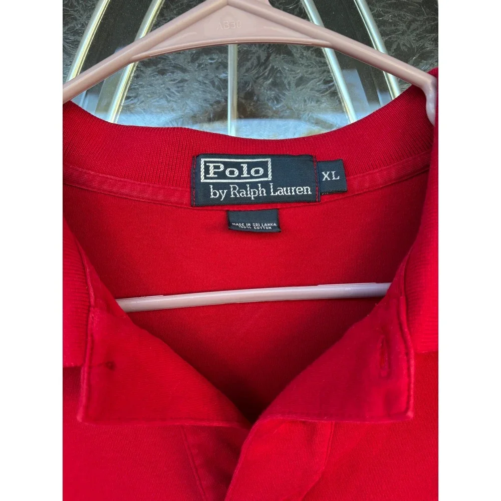 Polo Ralph Lauren Mens XL Red Long Sleeve Cotton Polo Shirt Navy Blue Pony Logo - Picture 5 of 9